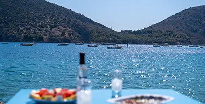 Greek Ouzo on a Blue Table with Romvi Island as the Backdrop